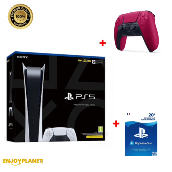 Pack Console Ps5 Digital 11+ Manette Rouge + 20€ PSN