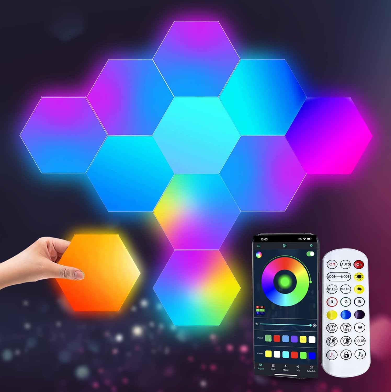 Panneaux lumineux Smart Hexagon RGB, contrôle WIFI et application
